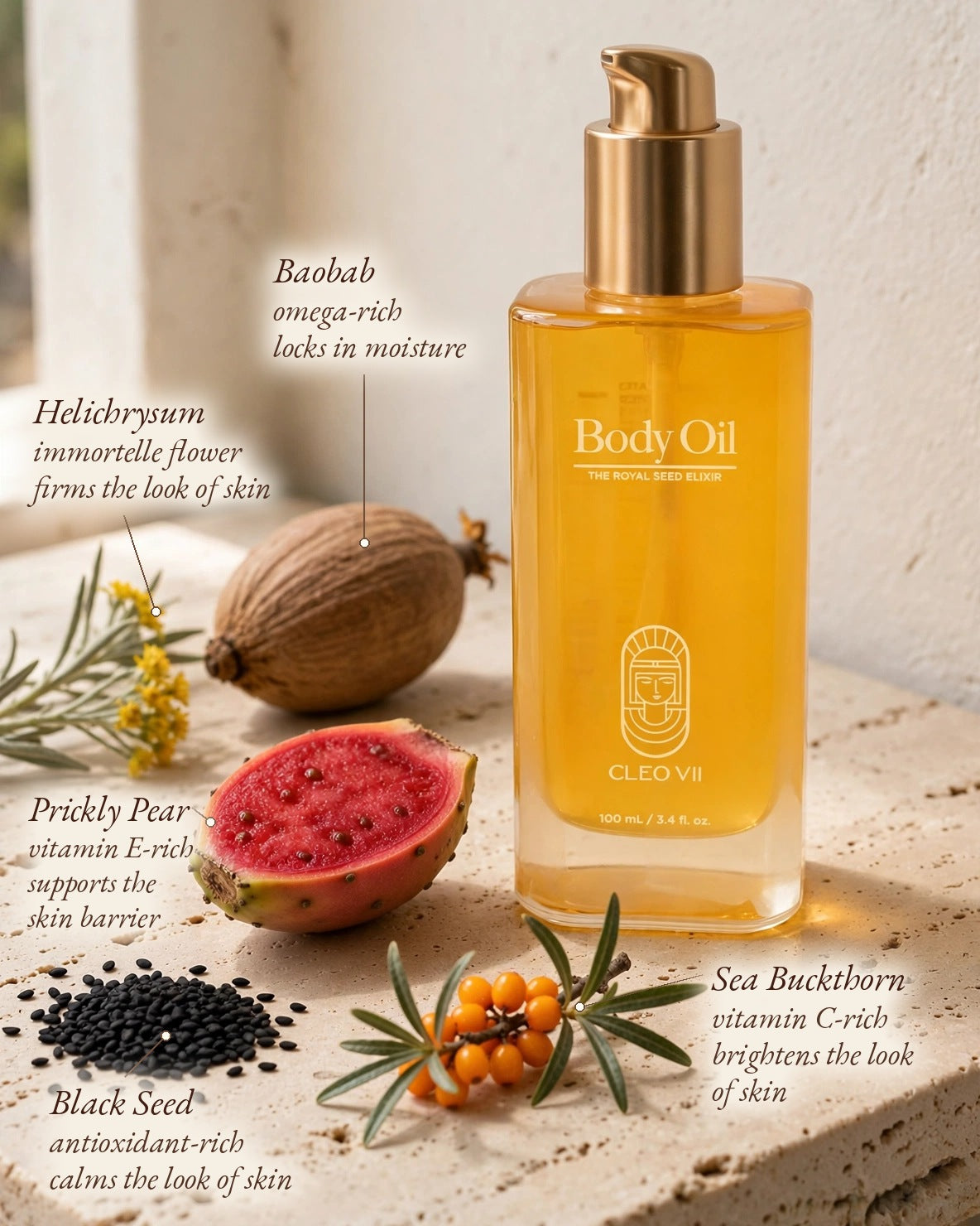 A bottle of Cleo VII Body Oil with golden yellow liquid and a gold pump, styled on a textured stone surface with natural ingredients including a sliced prickly pear, black seeds, and sea buckthorn berries. Text callouts describe the ingredients.